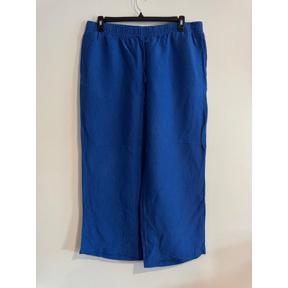 H&M Linen Blend Wide Leg Pants Womens XL Blue Elastic‎ Drawstring Waist